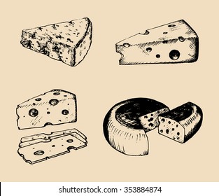 Vector cheese set. Vintage hand drawn parmesan, cheddar, edam etc illustrations. Dairy products sketches.
