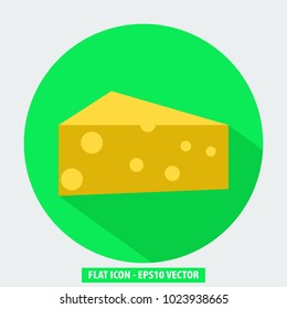 Vector of Cheese Sign Icon on Green Background. Vector of Chesee Flat Icon With Long Shadow. Flat Vector Illustration. Flat Icon Template. EPS10 Vector Image.
