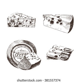 vector cheese sketch drawing, gouda, blue, edammer, maasdam, brie, mozzarella, parmesan, roquefort, camembert