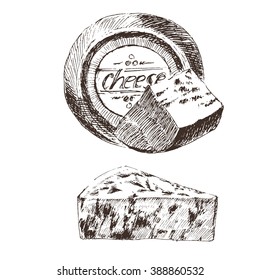 vector cheese sketch drawing, gouda, blue, edammer, maasdam, brie, mozzarella, parmesan, roquefort, camembert
