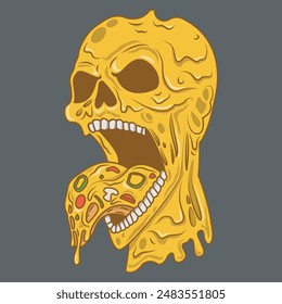 Vector cheese skull head with melted pizza tongue