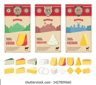 Vector cheese vintage labels with farming landscape and different types of cheese detailed icons. Dairy products illustration for dairies, farms and groceries branding. Cow, sheep and goat silhouettes