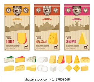 Vector cheese vintage labels with farming landscape and different types of cheese detailed icons. Dairy products illustration for dairies, farms and groceries branding. Cow, sheep and goat silhouettes