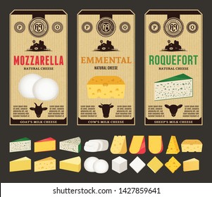 Vector cheese vintage labels and packaging design templates. Different types of cheese detailed icons. Dairy products illustration for dairies, farms and groceries branding. Cow, sheep and goat icons.