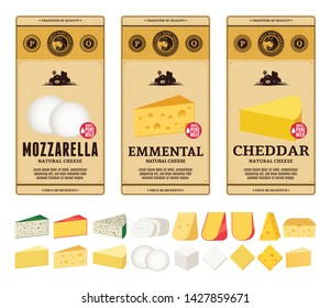 Vector cheese vintage labels and packaging design templates. Different types of cheese detailed icons. Dairy products illustration for dairies, farms and groceries branding.