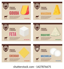 Vector cheese vintage labels and packaging design templates. Different types of cheese detailed icons. Dairy products illustration for dairies, farms and groceries branding. Cow, sheep and goat icons.