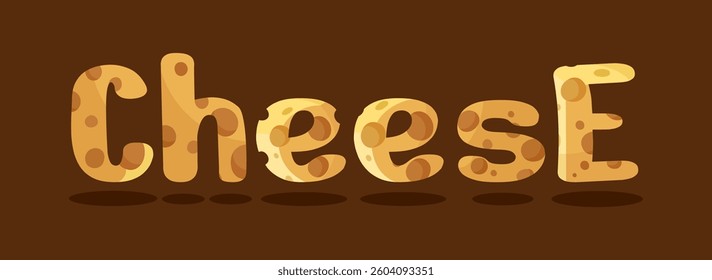 Vector Cheese word with many big holes. Texture surface word. Bold food font. Bright letter shaped maasdam pieces. Slice and dice. Funny banner element. Cartoon design for snack, sauce, chips package