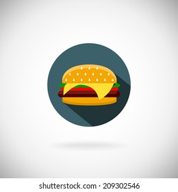 Vector cheeseburger with onion lettuce and sauces in bun. hamburger
