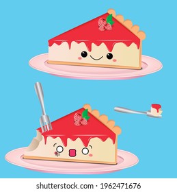 Vector Cheesecake With Strawberry And Raspberry Topping. With Kawai Face