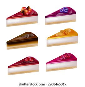 Vector cheesecakes set. Realistic yummy cheesecakes with different tastes. Illustration is suitable for packaging, recipes, stickers, booklets, menu, brochures, flyers, advertisements