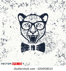 Vector cheetah head, hipster face on grunge background