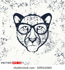 Vector cheetah head, hipster face on grunge background