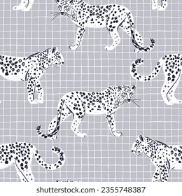 Vector cheetah seamless pattern on hand drawn grid. Editable illustration for decoration, fabric, textile, paper.
