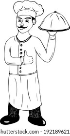 Vector chef in cap with dish in hand drawn in strokes
