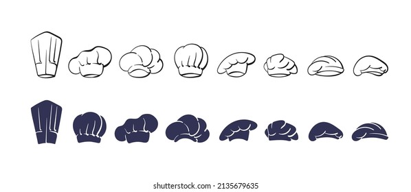 Vector chef, cap set. Cook hats isolated on white background. Black silhouette for bakeshop design