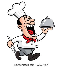 Vector Chef carrying a covered dinner.
