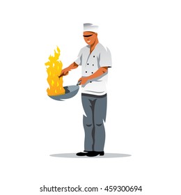 Vector Chef Cartoon Illustration. A man with a burning frying pan. Unusual Logo template isolated on a white background