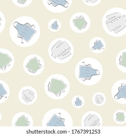 Vector Chef Coat and Aprons in White Circles on Yellow Background Seamless Repeat Pattern. Background for textiles, cards, manufacturing, wallpapers, print, gift wrap and scrapbooking.