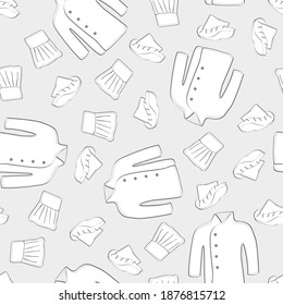 Abrigo y sombreros vectoriales en blanco sobre fondo gris patrón de repetición sin problemas. Antecedentes para textiles, tarjetas, manufactura, papel pintado, envoltura de regalo y reserva de chatarra.