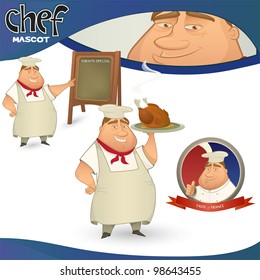 Vector chef - French restaurant mascot. Cartoon character with menu board, chicken and badge