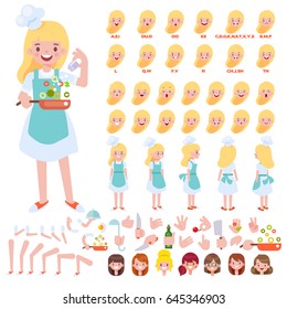 Carácter vectorial Chef Girl para sus escenas. Creación de caracteres con diversas vistas, peinados, emociones faciales, sincronización de labios, poses y gestos. Partes de plantilla de cuerpo para el trabajo de diseño y la animación. 
