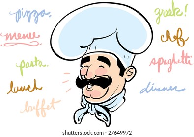 vector chef with handwritten script food words: pizza, menu, pasta, lunch, buffet, greek, chef, spaghetti and dinner