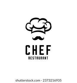 sombrero de chef vectorial y bigote negro, logotipo de cocina del chef	
