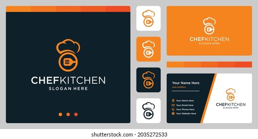 Vector Chef Hat Logo Design Template With Kitchen Utensils Logo. Business Card Design