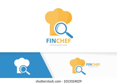 Vector chef hat and loupe logo combination. Kitchen and magnifying symbol or icon. Unique cook and search logotype design template.