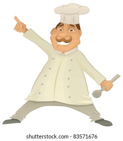 Vector chef illustration character. Cook is pointing and holding spoon.