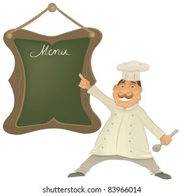 Vector chef illustration character with menu on wooden frame green board. Funny Cook is pointing and holding spoon.