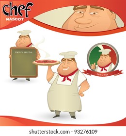 Vector chef - Italian restaurant mascot. Cartoon character with menu board, pizza and badge