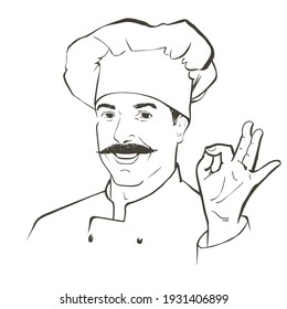 Vector chef with a mustache in working uniform. Portrait of baker smiling man in a chef cap in the restaurant kitchen. OK gesture Line sketch realistic vintage hand-drawn illustration