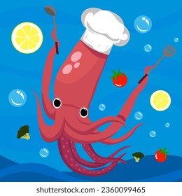 Vector chef squid with underwater and waves background