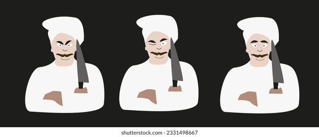 Chef vectorial de uniforme blanco con un cuchillo en la mano. Chef Winking con bigote en un sombrero blanco. Chef con ropa de cocinero de fondo negro. Tema culinario y culinario. Día de los jefes.