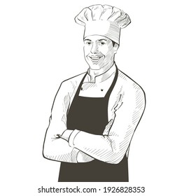 Vector chef in working uniform, black apron, hat. Portrait of baker smiling man in a chef cap in the restaurant kitchen, standing with crossed arms. Line sketch realistic vintage illustration