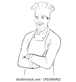 Vector chef in working uniform, black apron, hat. Portrait of baker smiling man in a chef cap in the restaurant kitchen, standing with crossed arms. Line sketch realistic vintage illustration