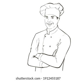 Vector chef in working uniform. Portrait of baker smiling man in a chef cap in the restaurant kitchen, standing with crossed arms. Line sketch realistic vintage hand-drawn illustration