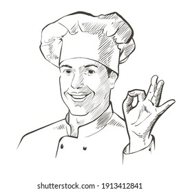 Vector chef in working uniform. Portrait of baker smiling man in a chef cap in the restaurant kitchen. OK gesture Line sketch realistic vintage hand-drawn illustration