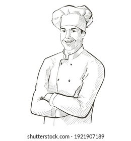 Vector chef in working uniform. Portrait of baker smiling man in a chef cap in the restaurant kitchen, standing with crossed arms. Line sketch realistic vintage hand-drawn illustration