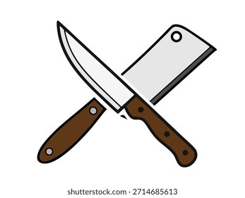 Cuchillo de chef de Vector y una cuchilla de carne con asas de madera.