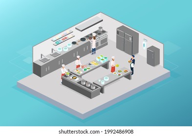 Vector of chefs working, cooking in the kitchen of a restaurant