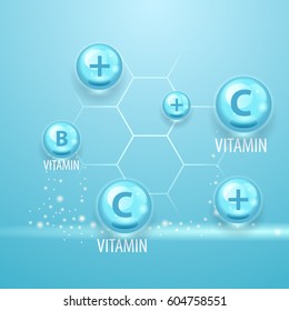 Vector chemical elements and vitamins, realistic vector illustration, blue illustration