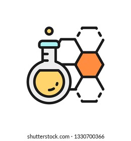 Vector chemical flask, test tube flat color line icon.
