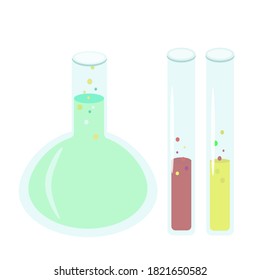  Vektor-Chemiefaser, Teströhren mit bunter Flüssigkeit. Glaswaren für Laboruntersuchungen. Glasflaschen für Reagenzien. Cartoon flache Symbole.