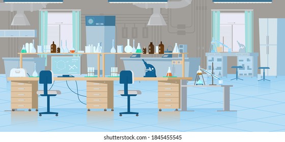 Vector Chemical Laboratory Interior With Equipment. Workplace With Flasks, Reagents, Microscope, Computer etc. Flat Illustration.