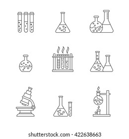 Vector chemical processing equipment - Beaker, burner, test tubes, microscope, retorts. Set of line icons isolated on white. Linear design. Illustration of chemistry, medicine, science etc