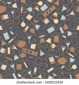 Vector chemical seamless pattern of colorful laboratory test tubes and flask on a black background