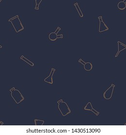 Vector chemical seamless pattern of laboratory test tubes and flasks on a dark background