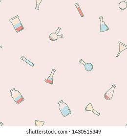 Vector chemical seamless pattern of laboratory test tube and flasks on a pink background